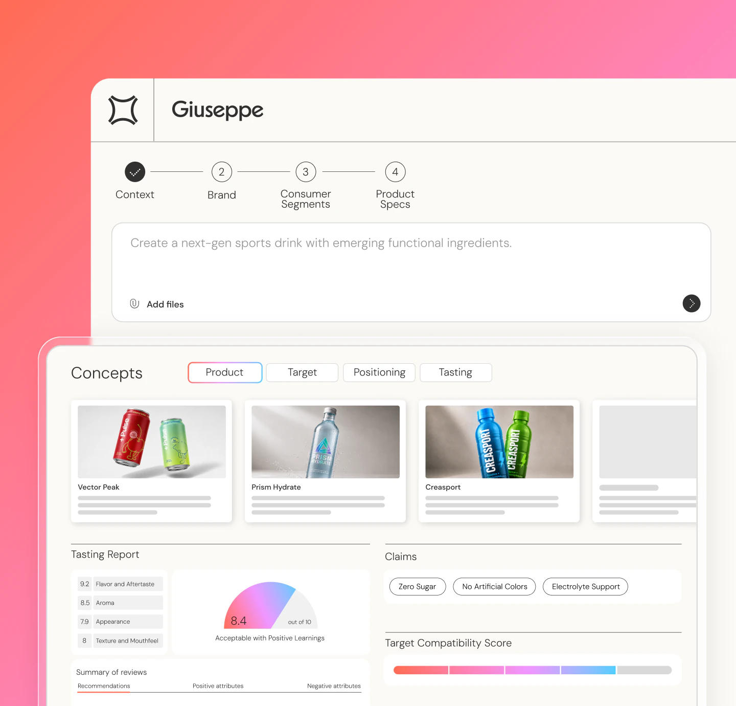 Giuseppe AI concept workspace showing a product brief, generated beverage concepts, testing report, and compatibility score