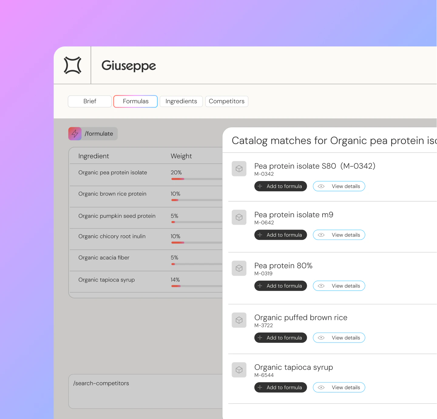 Giuseppe AI discovery workspace comparing ingredient catalog matches for organic pea protein isolate